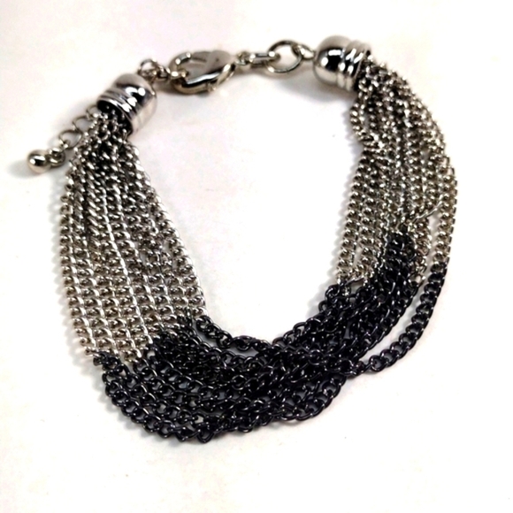 Women's Stylish Layered Chains Polished Silver tone & Gun Metal Bracelet, 7+1" - Picture 1 of 9